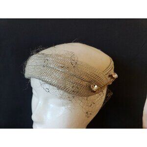 Vintage Felt Skull Cap 1950s Hat Off White Silver Wrapped Pins Church Wedding